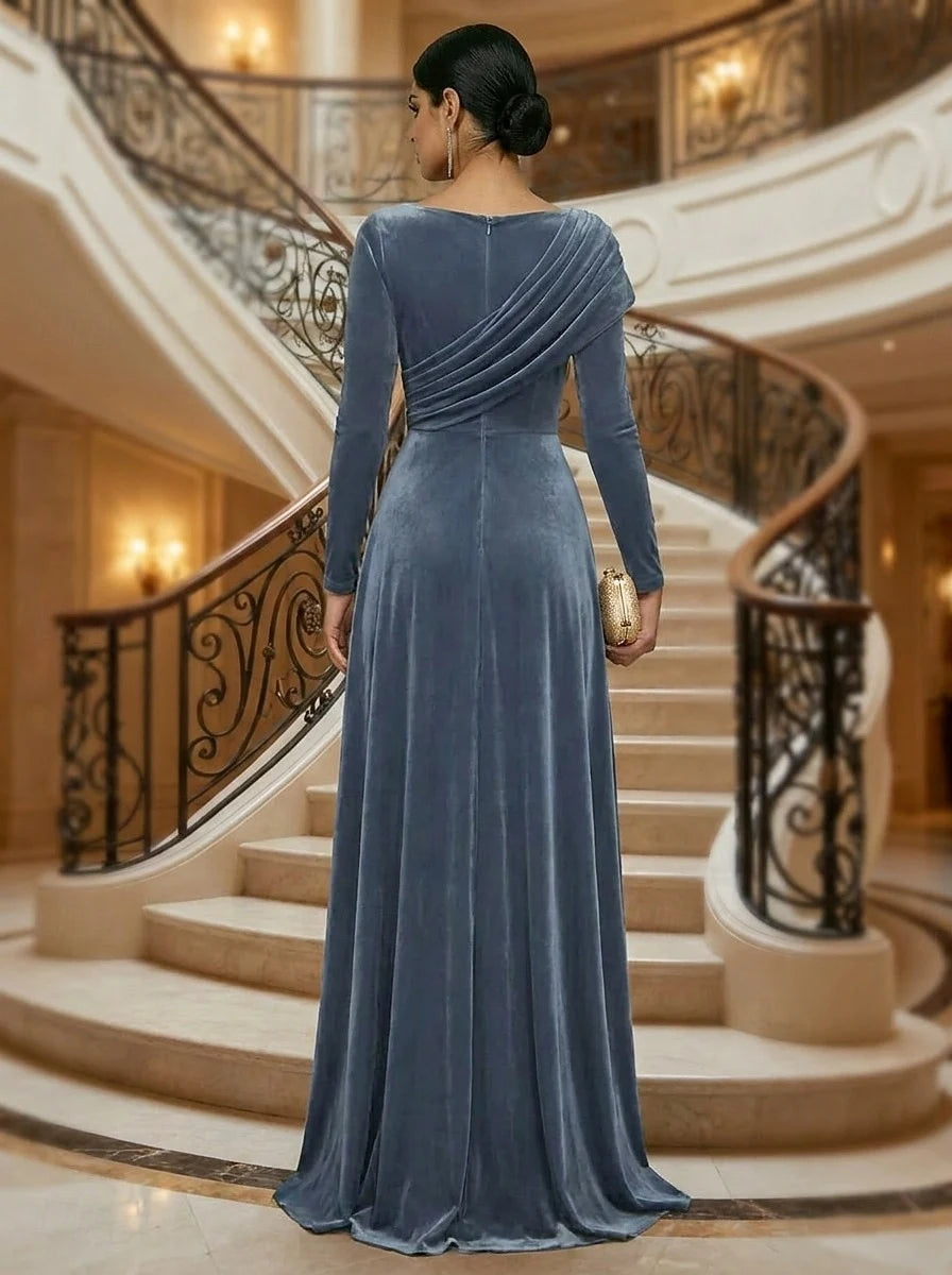 Elegant A-Line Draped Cowl Neck Long Sleeve Dusty Blue Floor-Length Evening Gown