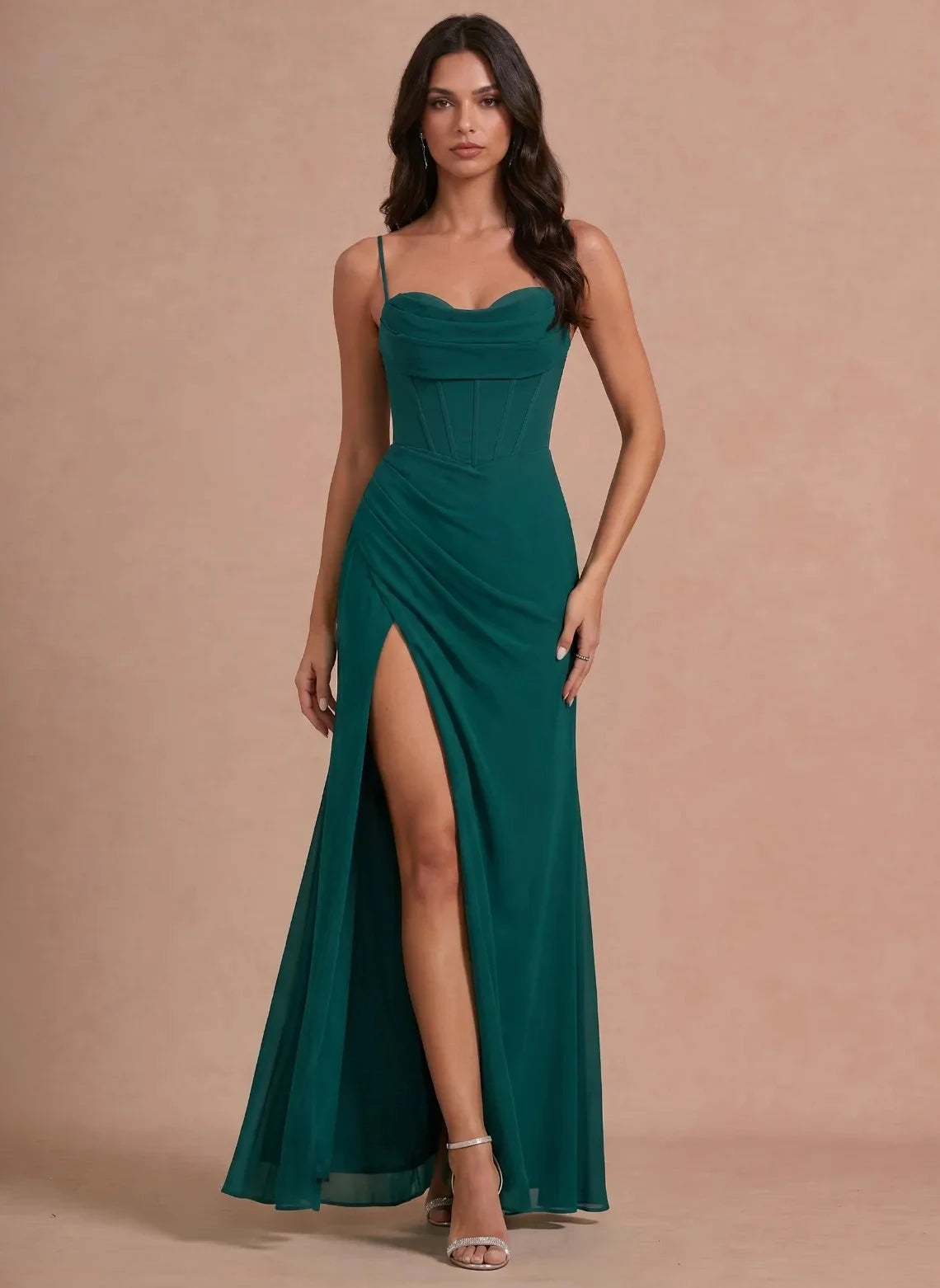 Elegant A-Line Draped Cowl Neck Sleeveless Emerald Green High Slit Prom Gown