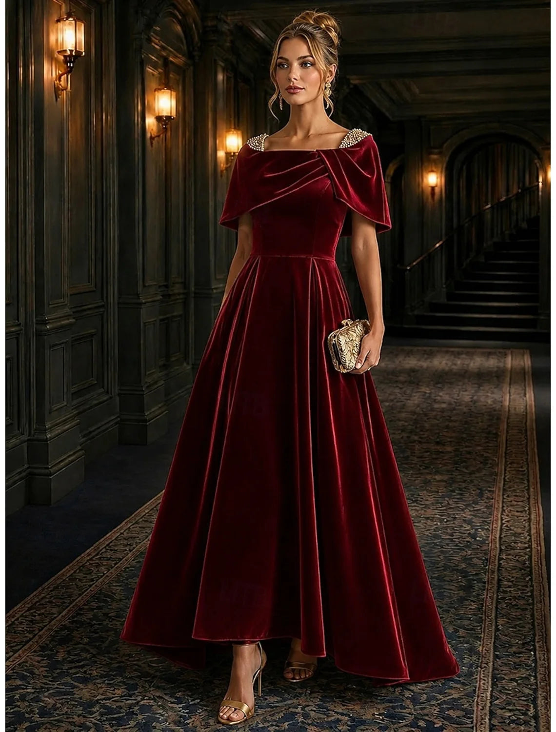 Elegant A-Line Draped Off-Shoulder Beaded Burgundy Floor-Length Evening Dress for Women
