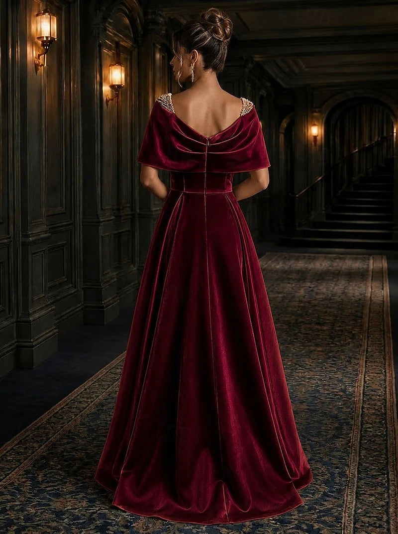Elegant A-Line Draped Off-Shoulder Beaded Burgundy Floor-Length Evening Dress for Women