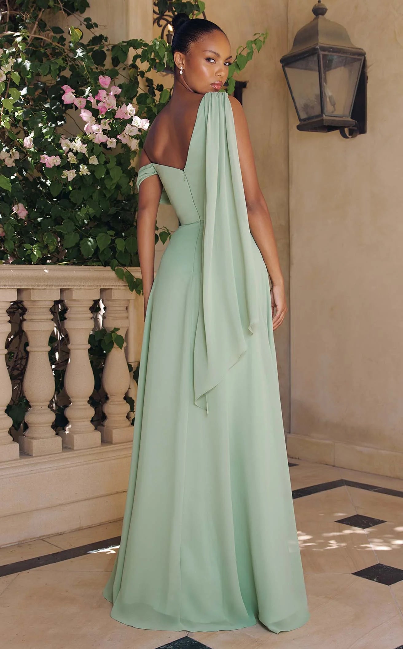 Elegant A-Line Draped One-Shoulder Romantic Chic Sage Green Floor-Length Prom Gown
