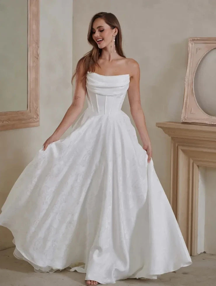 Elegant A-Line Draped Strapless Corset White Floor-Length Wedding Gown