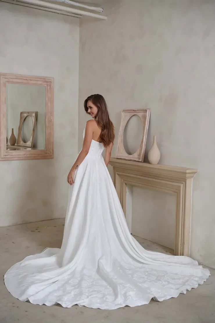 Elegant A-Line Draped Strapless Corset White Floor-Length Wedding Gown