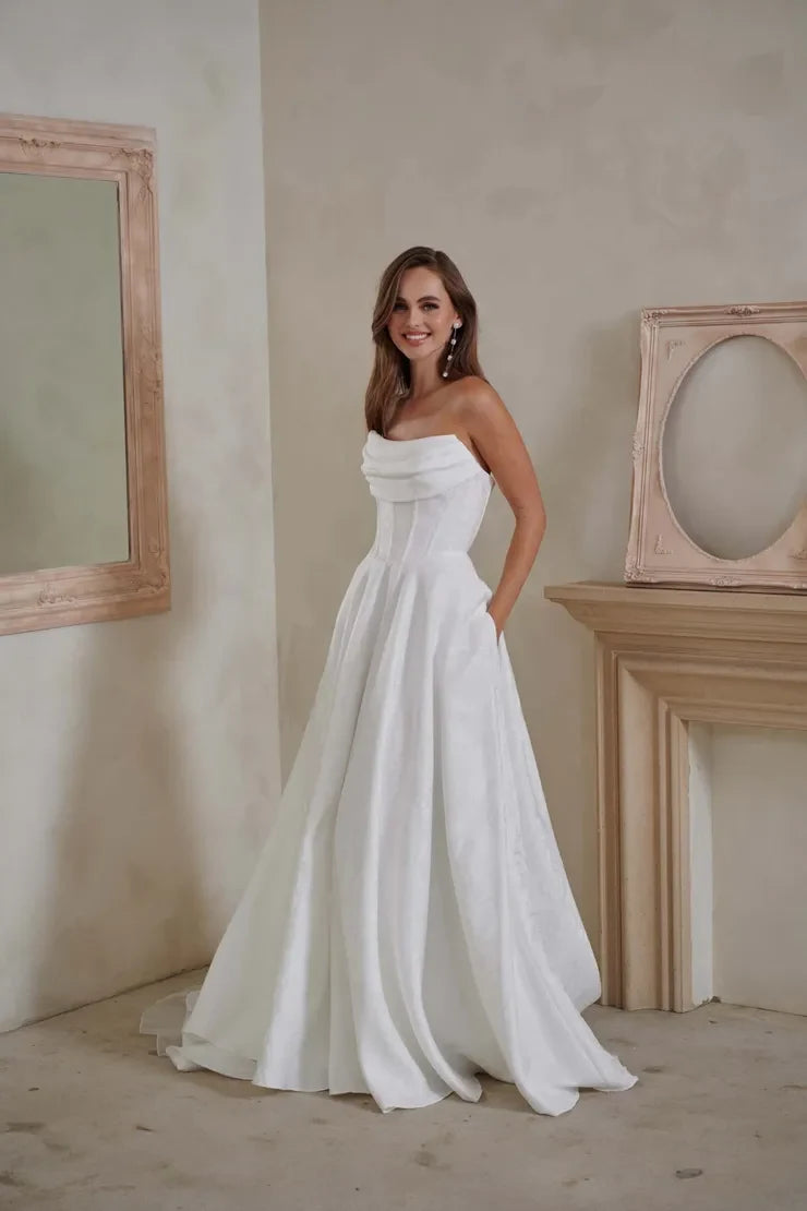 Elegant A-Line Draped Strapless Corset White Floor-Length Wedding Gown