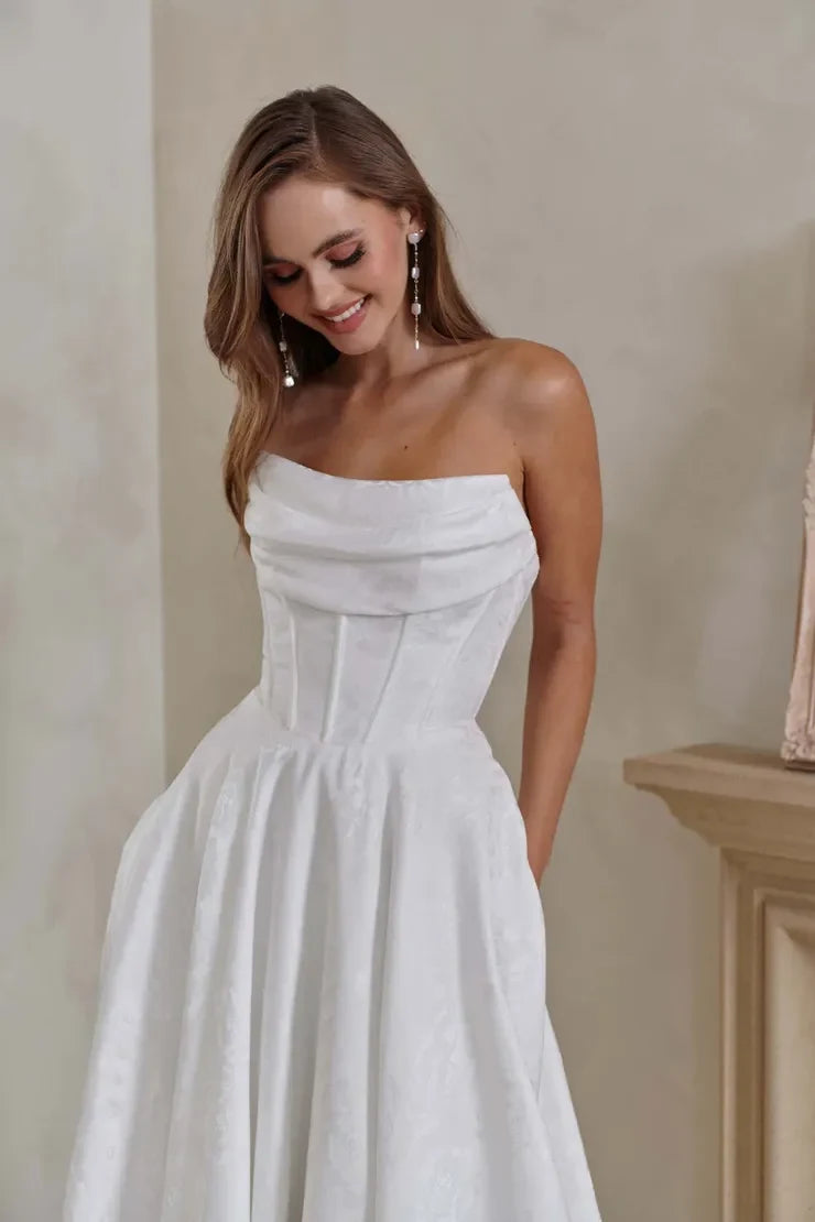 Elegant A-Line Draped Strapless Corset White Floor-Length Wedding Gown