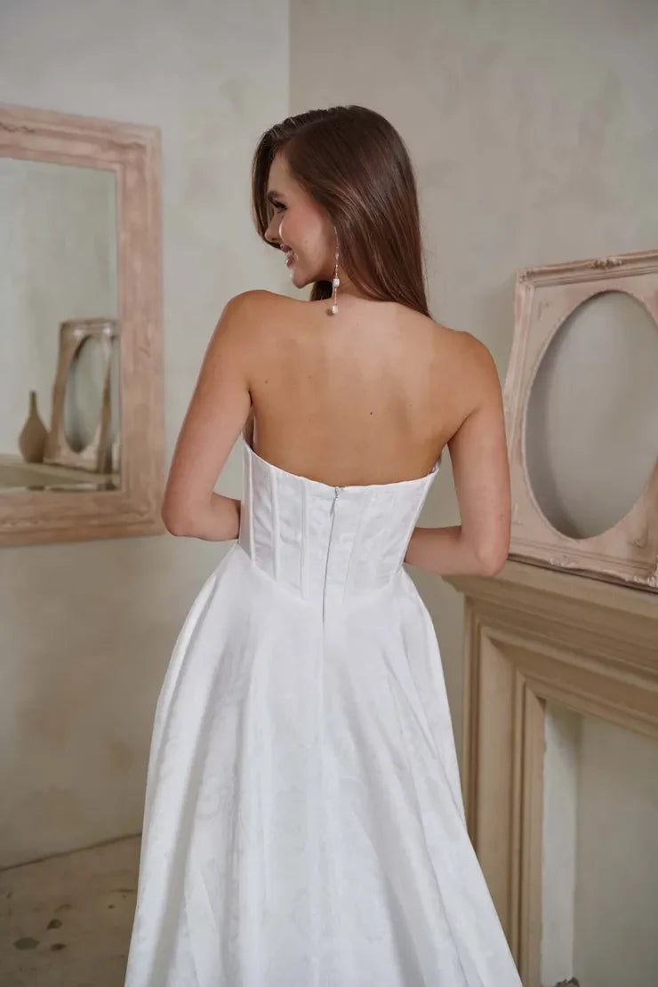 Elegant A-Line Draped Strapless Corset White Floor-Length Wedding Gown