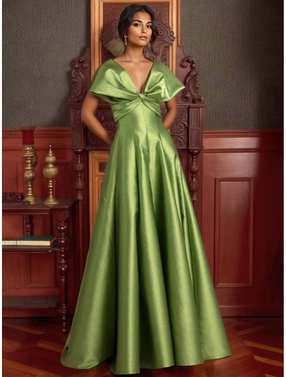 Elegant A-Line Draped V-Neck Sophisticated Lustrous Green Floor-Length Evening Dresses Women's Gown