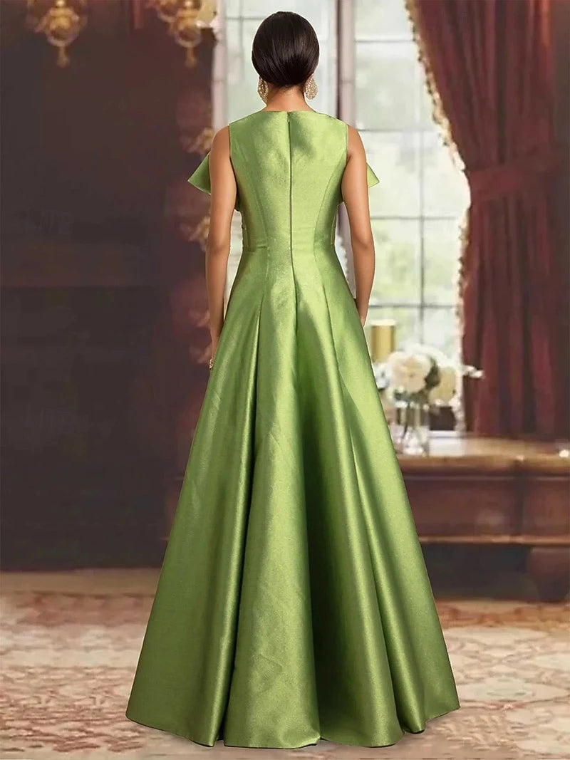 Elegant A-Line Draped V-Neck Sophisticated Lustrous Green Floor-Length Evening Dresses Women's Gown