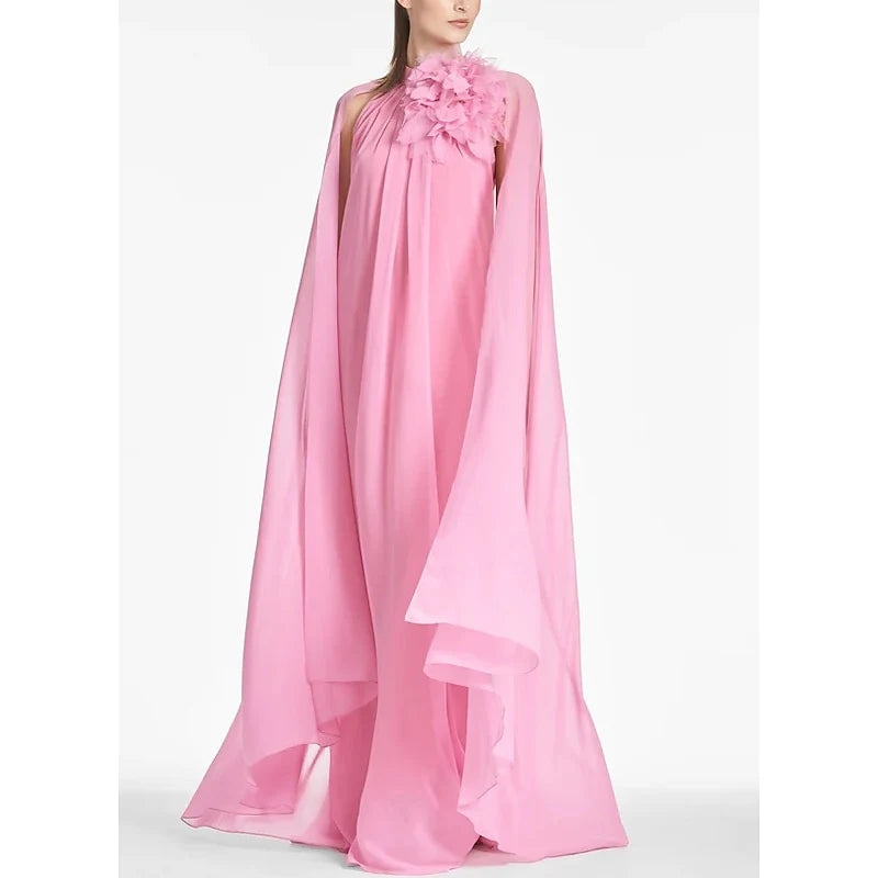 Elegant A-Line Halter Cape Sleeves Floral Pink Floor-Length Prom Dress