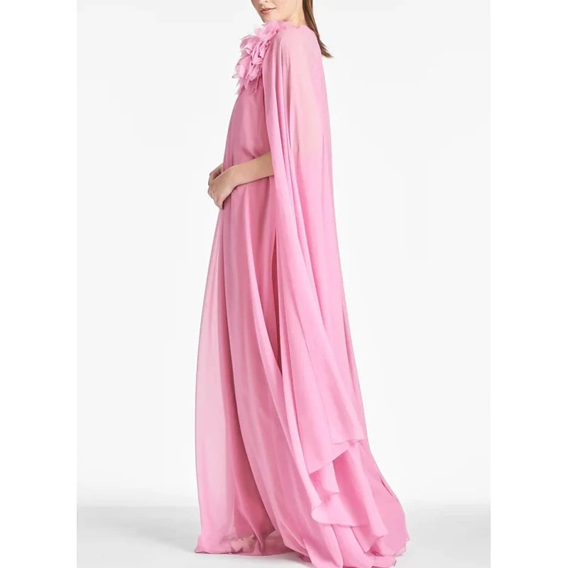 Elegant A-Line Halter Cape Sleeves Floral Pink Floor-Length Prom Dress