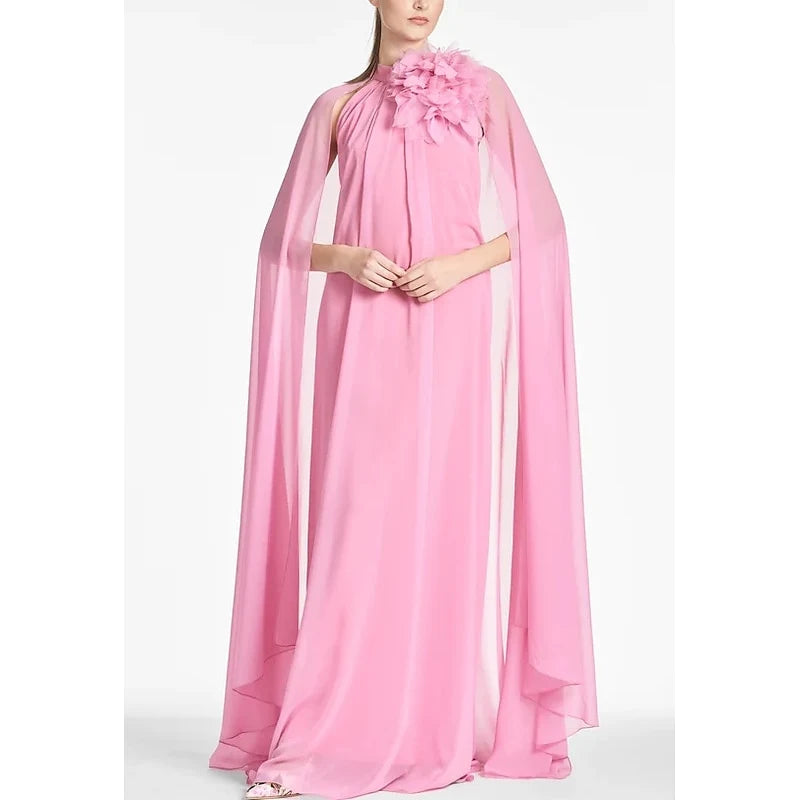 Elegant A-Line Halter Cape Sleeves Floral Pink Floor-Length Prom Dress