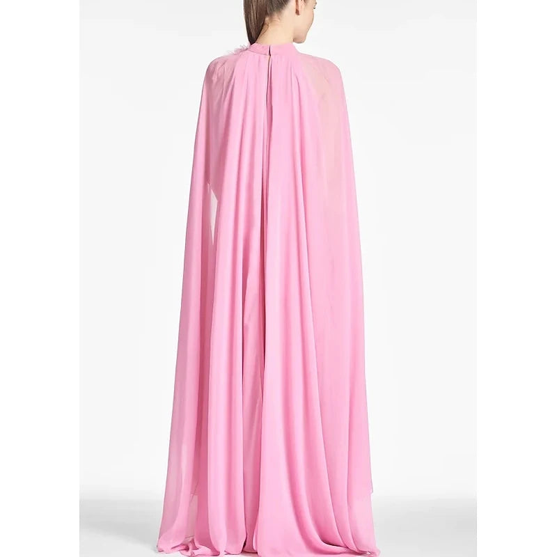 Elegant A-Line Halter Cape Sleeves Floral Pink Floor-Length Prom Dress