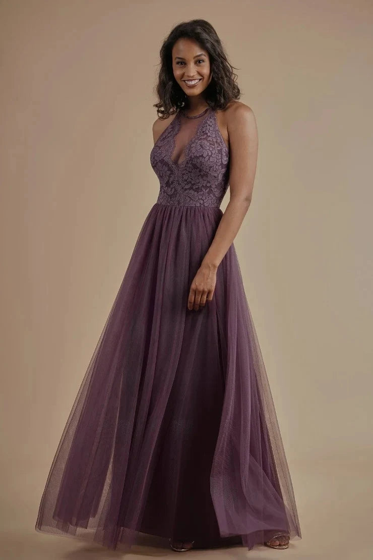 Elegant A-Line Halter Neck Romantic Chic Plum Floor-Length Prom Dresses Gown