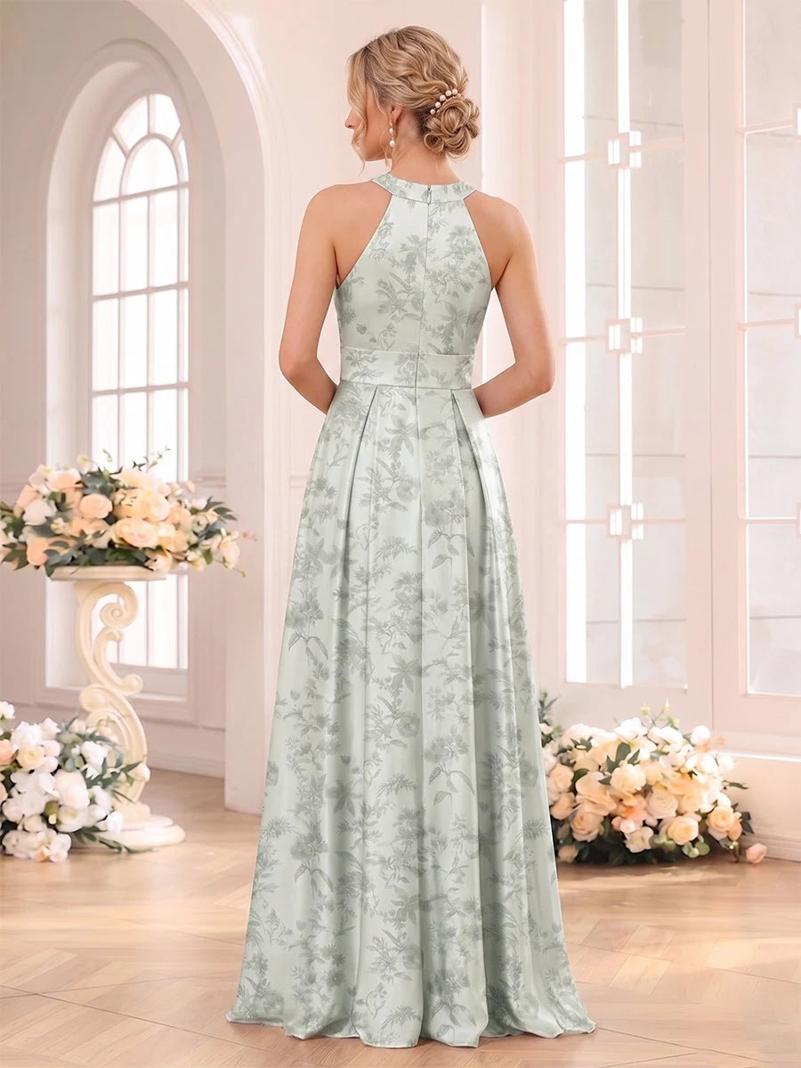 Elegant A-Line Halter Neck Sleeveless Floral Sage Green Floor-Length Prom Gown