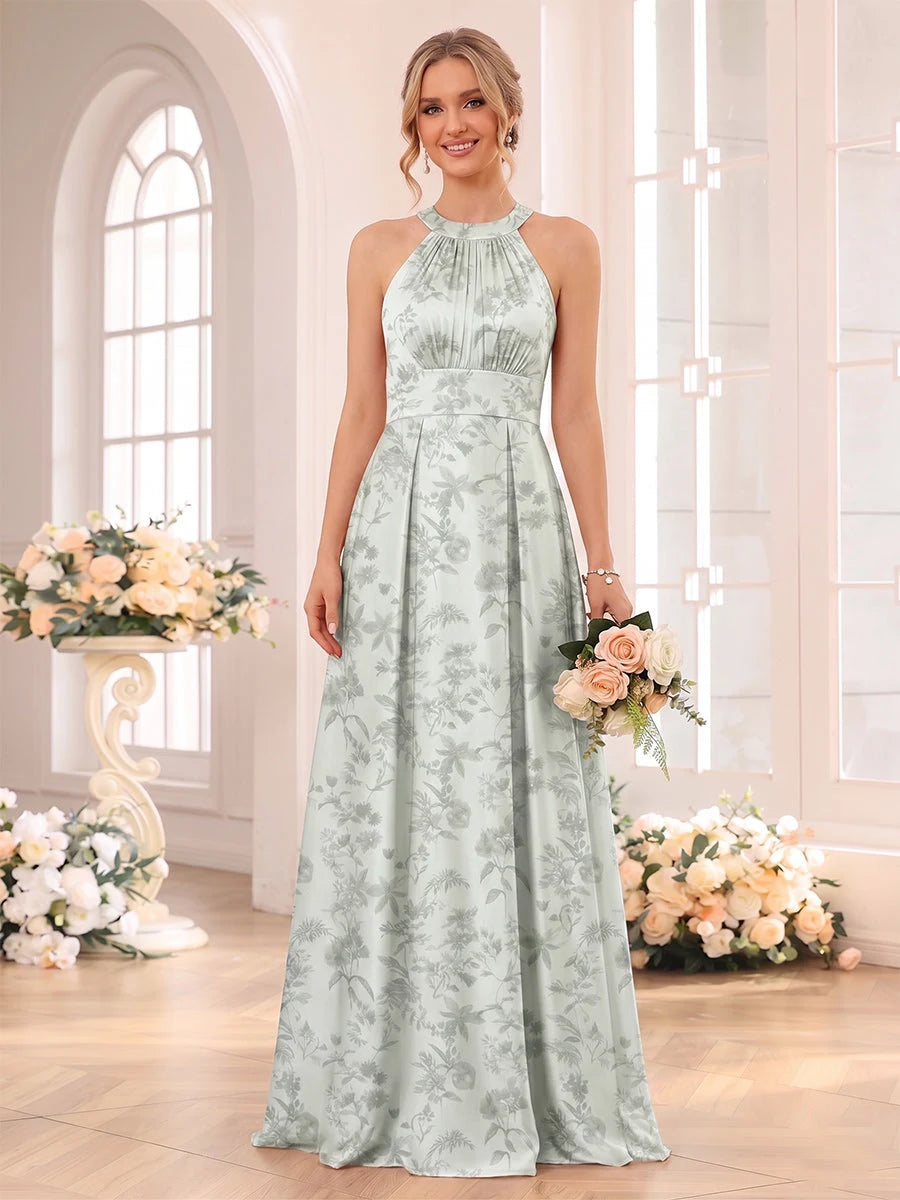 Elegant A-Line Halter Neck Sleeveless Floral Sage Green Floor-Length Prom Gown