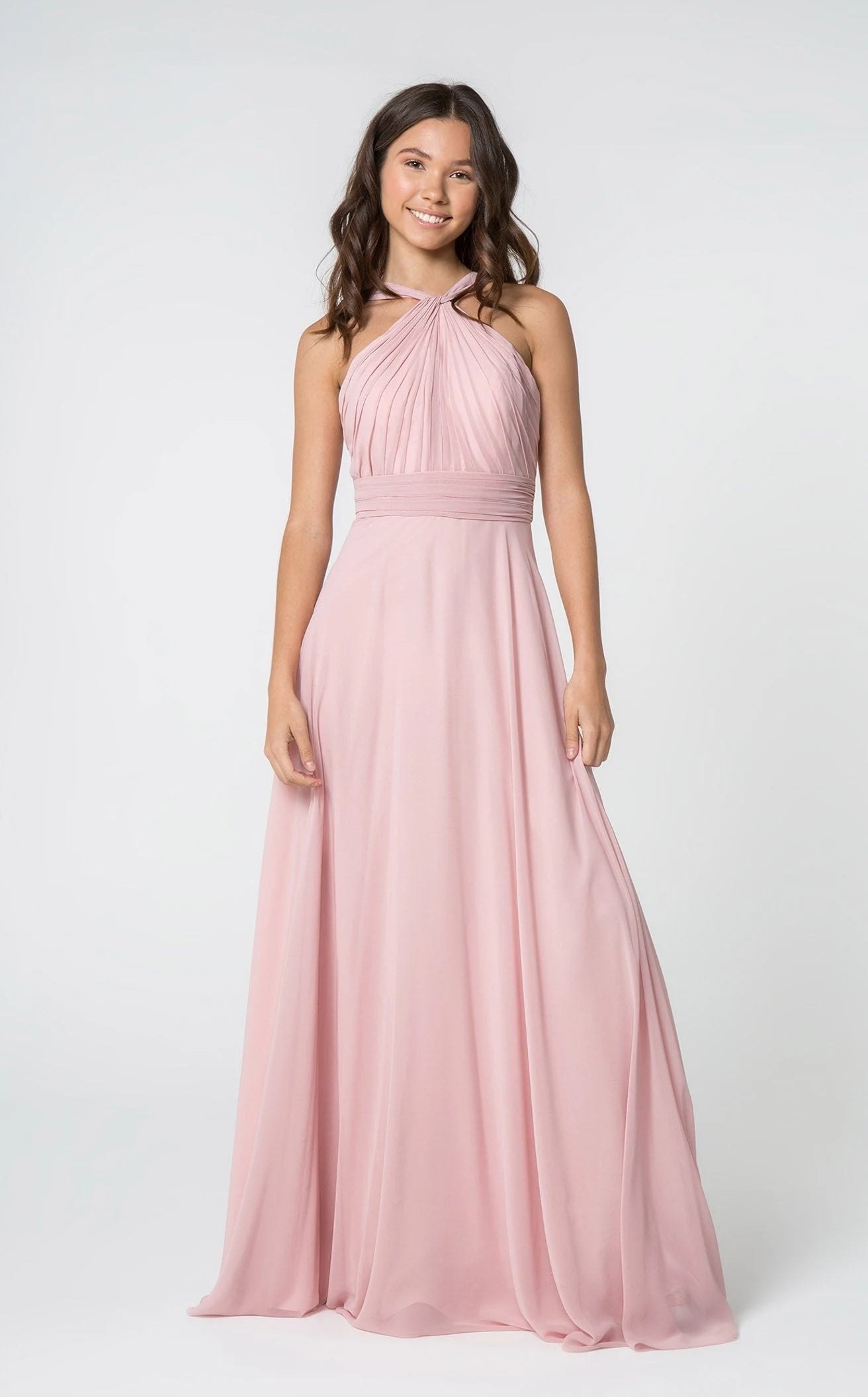 Elegant A-Line Halter Neck Sleeveless Pleated Blush Pink Floor-Length Prom Dress For Women