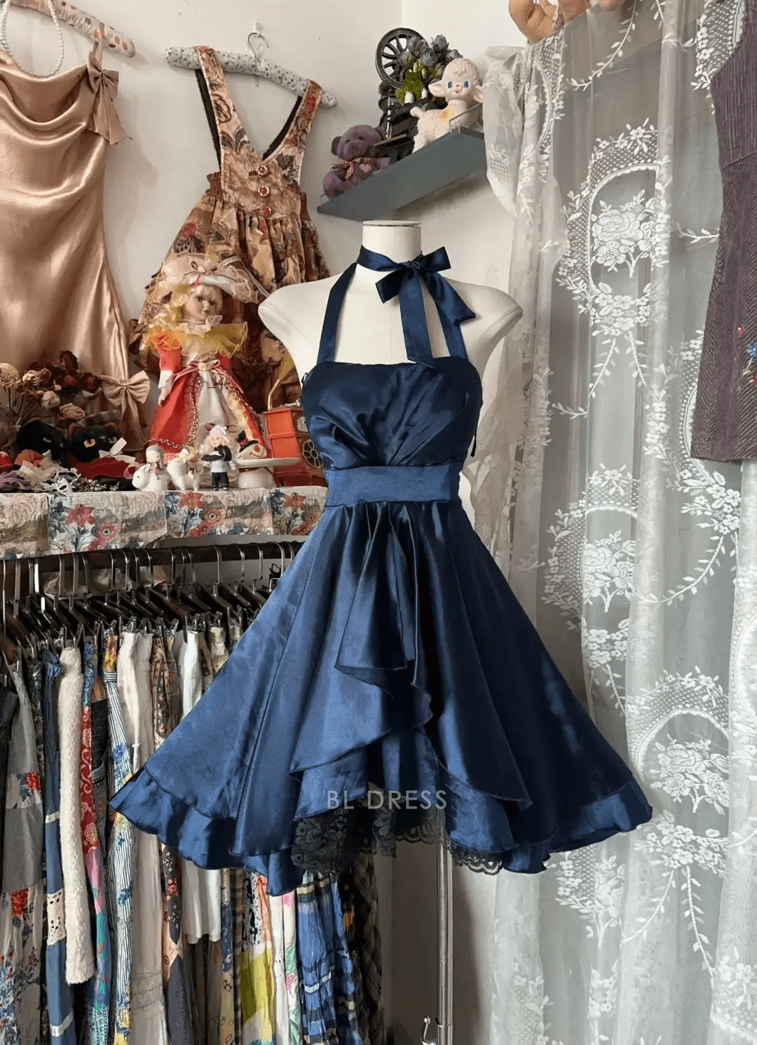 Elegant A-Line Halter Neck Sleeveless Ruffled Bow Navy Blue Short Homecoming Dress