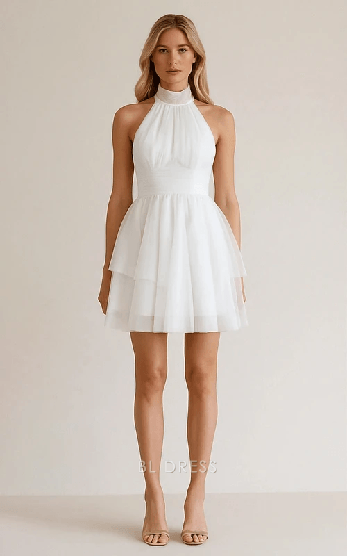 Elegant A-Line Halter Neck Sleeveless Tiered Back Bow White Short Homecoming Dress