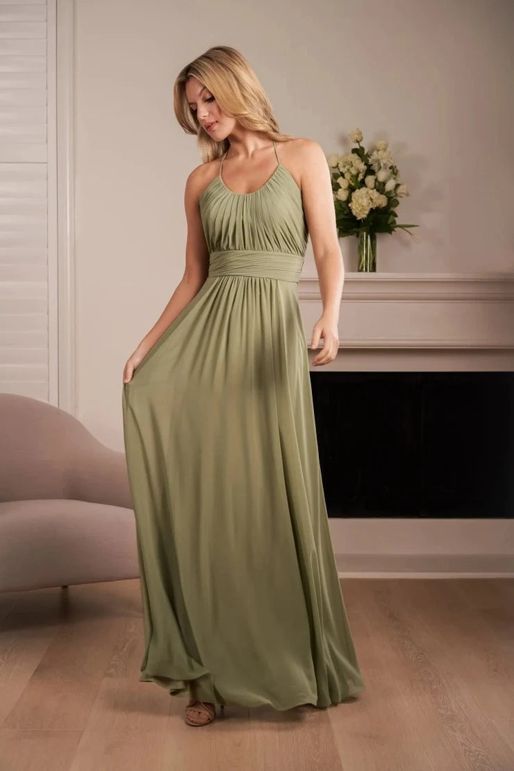 Elegant A-Line Halter Pleated Open Back Sage Green Floor-Length Prom Gown