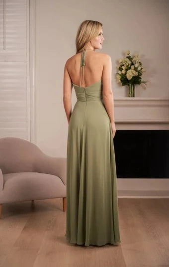 Elegant A-Line Halter Pleated Open Back Sage Green Floor-Length Prom Gown