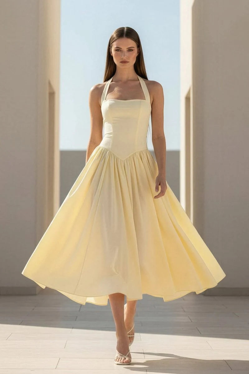 Elegant A-Line Halter Sleeveless Backless Pleated Yellow Midi Prom Dresses Women Gown