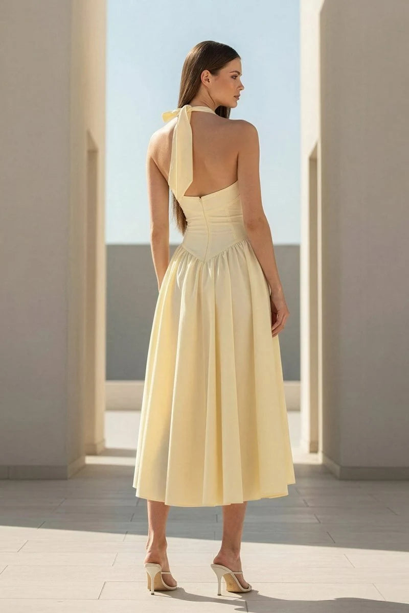 Elegant A-Line Halter Sleeveless Backless Pleated Yellow Midi Prom Dresses Women Gown