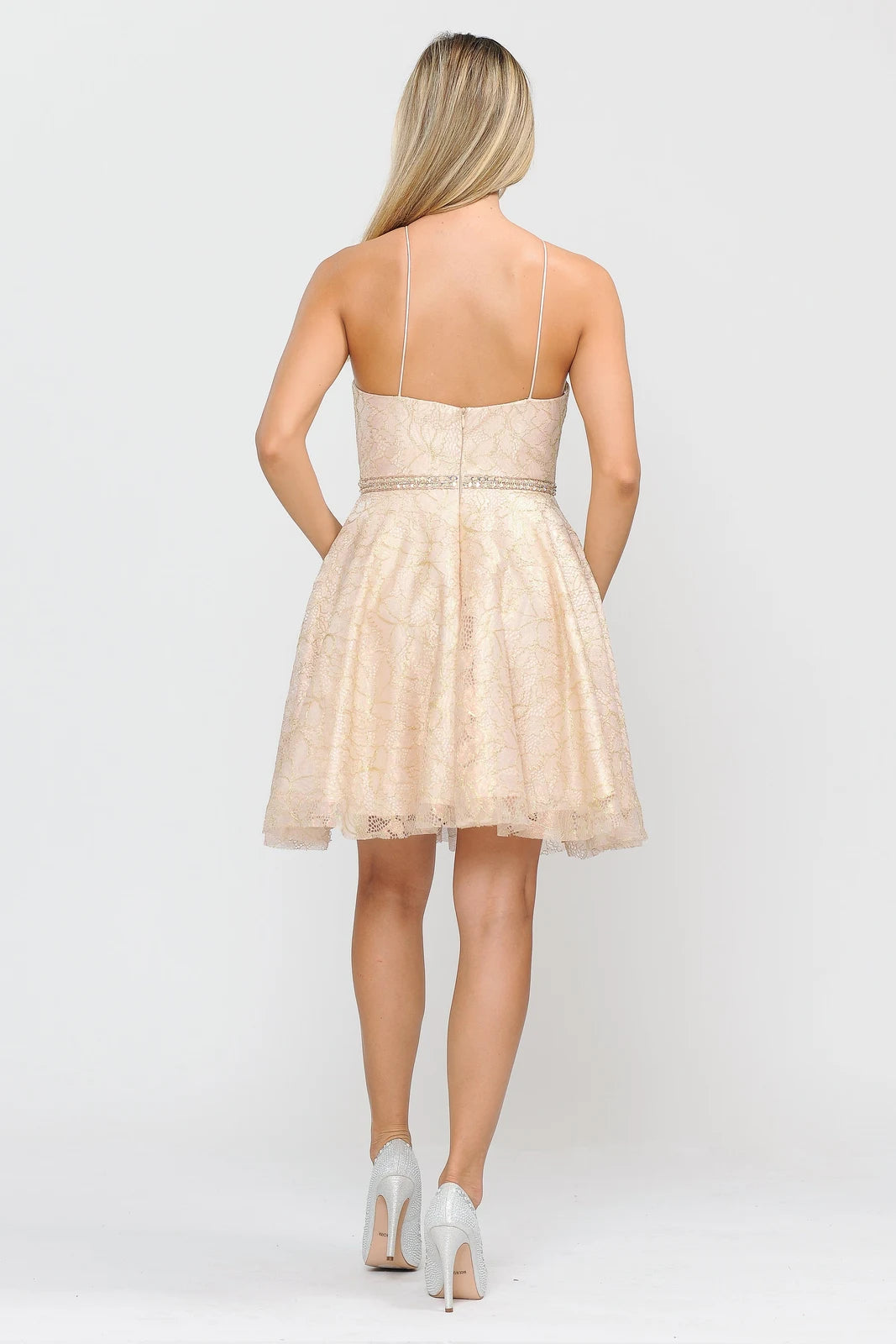 Elegant A-Line Halter Sleeveless Beaded Lace Champagne Short Homecoming Dress