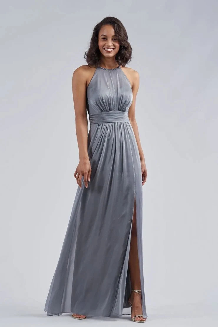 Elegant A-Line Halter Sleeveless Beaded Slit Slate Grey Long Prom Gown