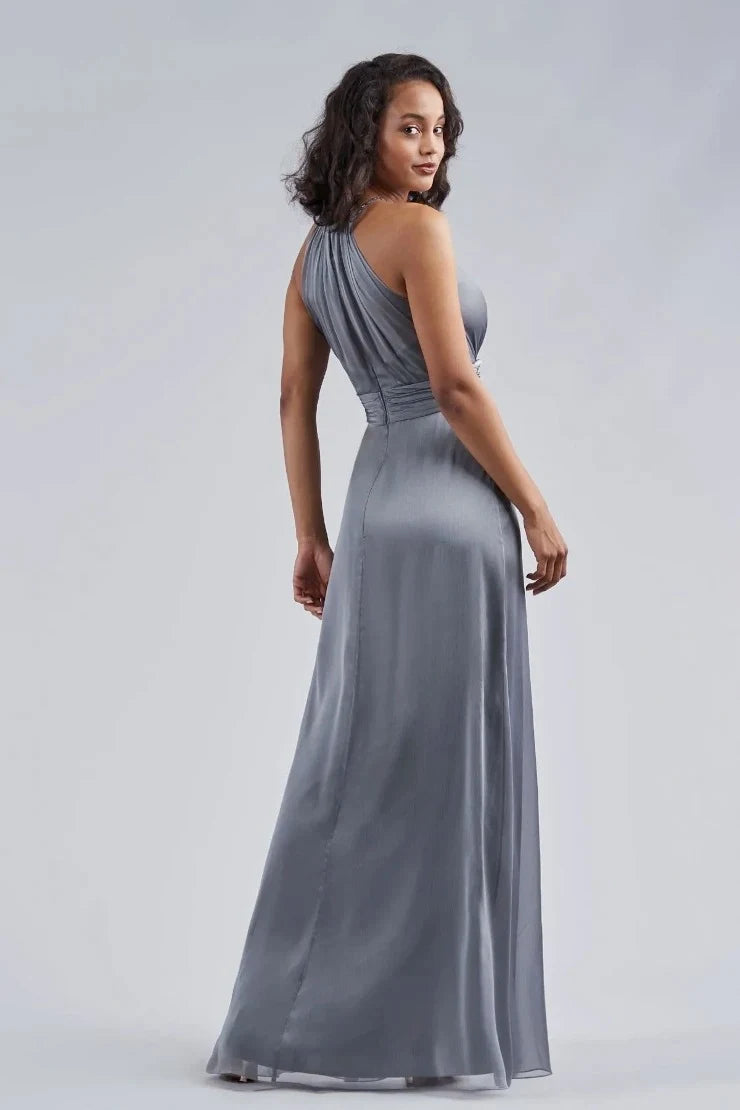 Elegant A-Line Halter Sleeveless Beaded Slit Slate Grey Long Prom Gown