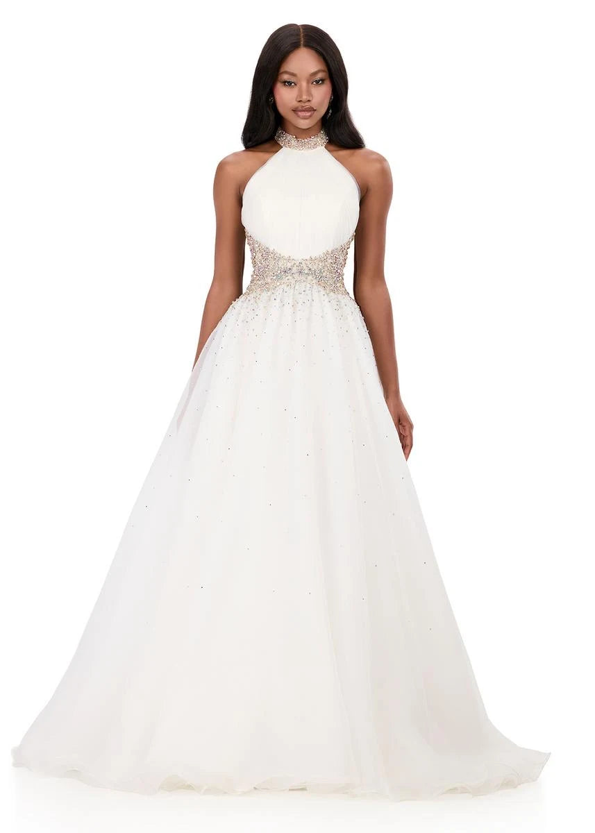 Elegant A-Line Halter Sleeveless Beaded Sparkling Ivory Floor-Length Prom Dresses Women's Gown