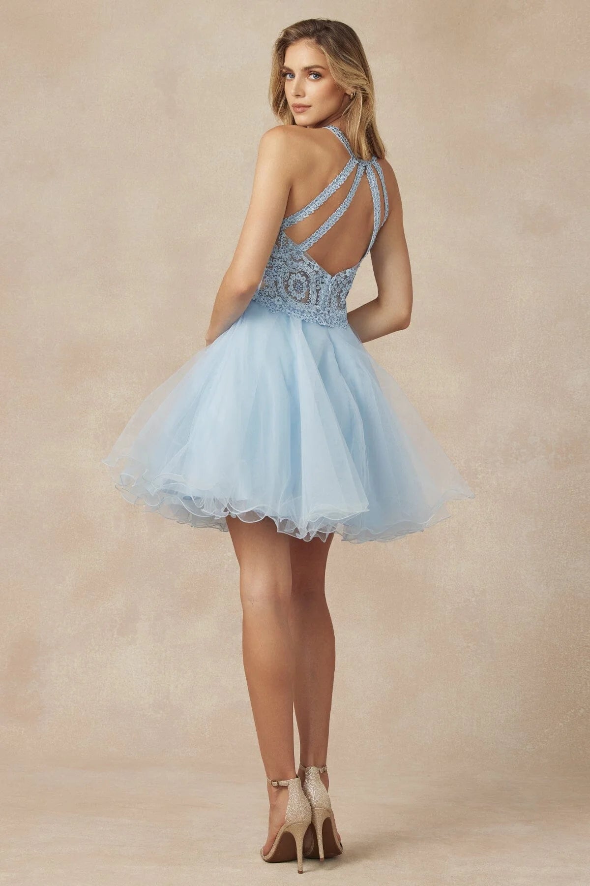 Elegant A-Line Halter Sleeveless Beaded Tulle Light Blue Short Homecoming Dress