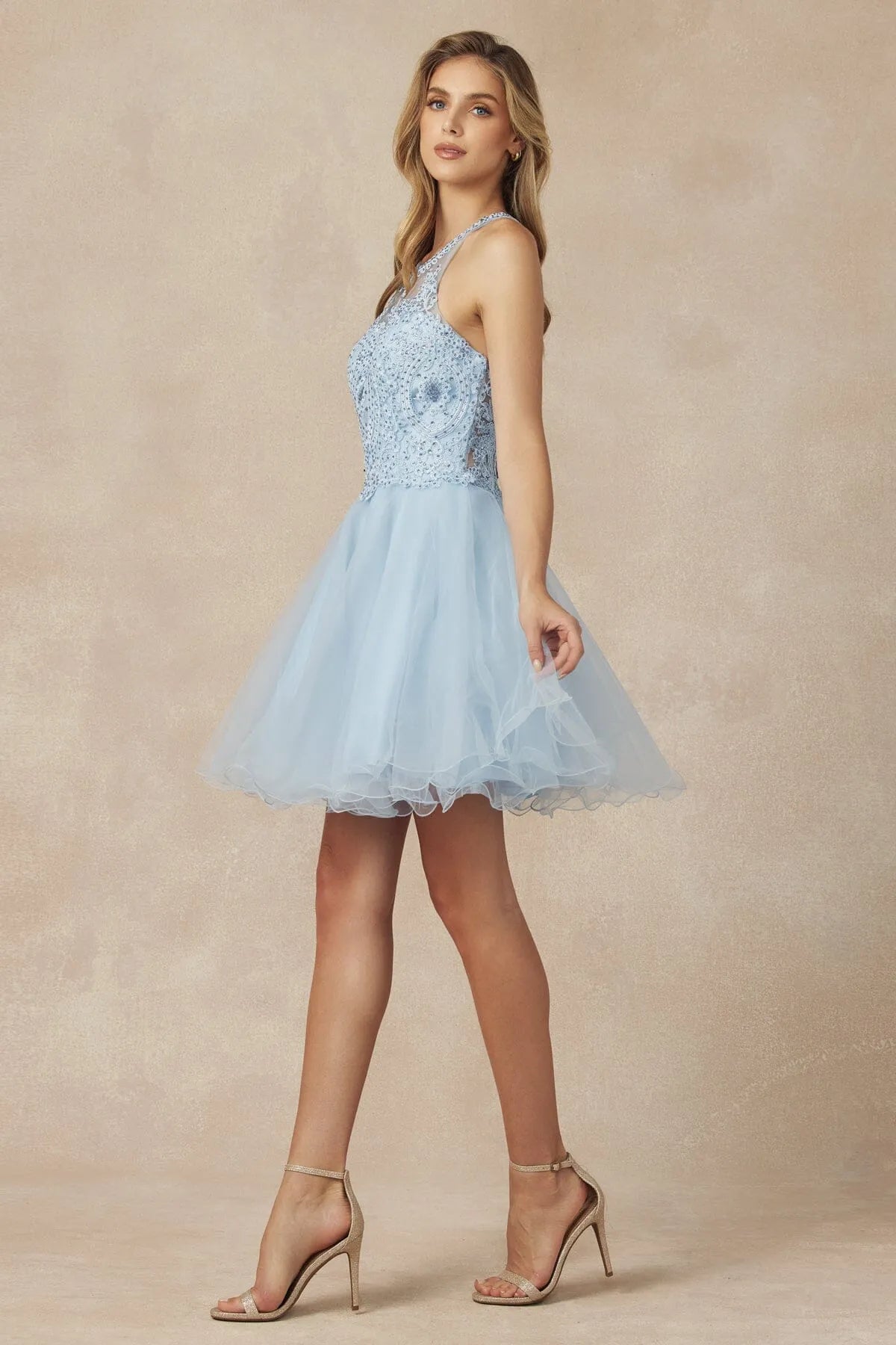 Elegant A-Line Halter Sleeveless Beaded Tulle Light Blue Short Homecoming Dress