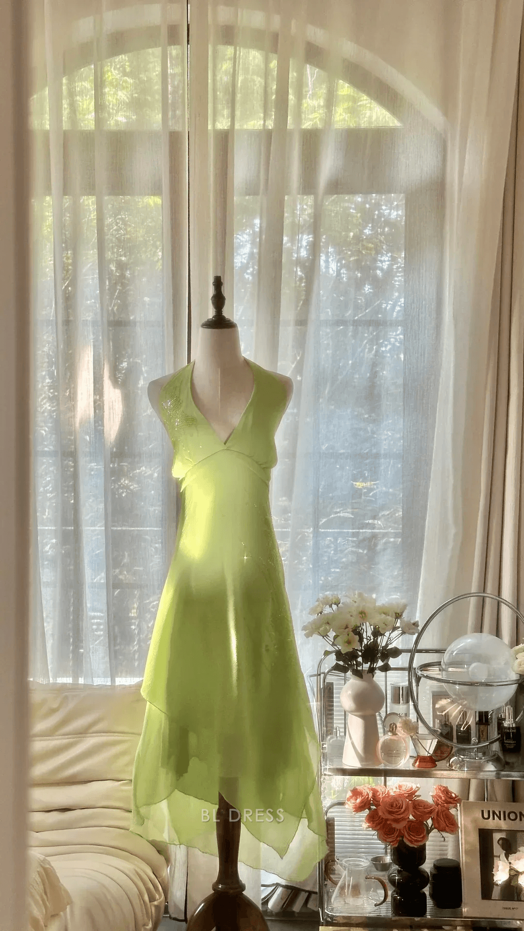 Elegant A-Line Halter Sleeveless Chic Flowy Lime Green Midi Homecoming Dress Women