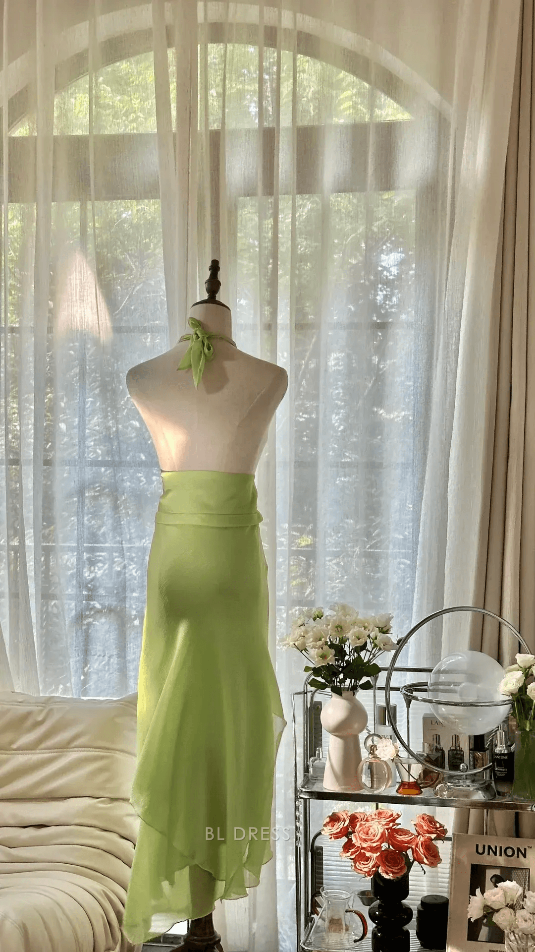 Elegant A-Line Halter Sleeveless Chic Flowy Lime Green Midi Homecoming Dress Women