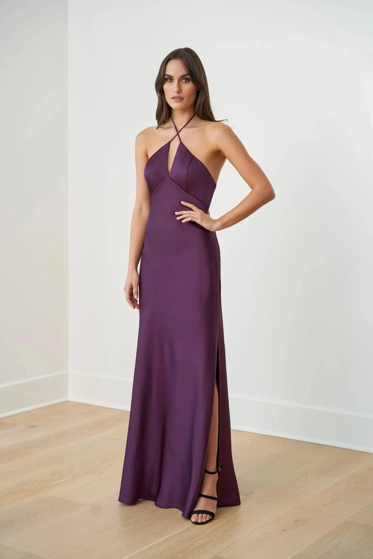 Elegant A-Line Halter Sleeveless Chic Slit Plum Maxi Prom Dress Gown