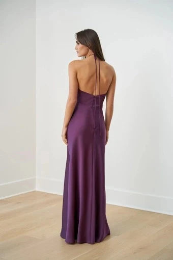 Elegant A-Line Halter Sleeveless Chic Slit Plum Maxi Prom Dress Gown