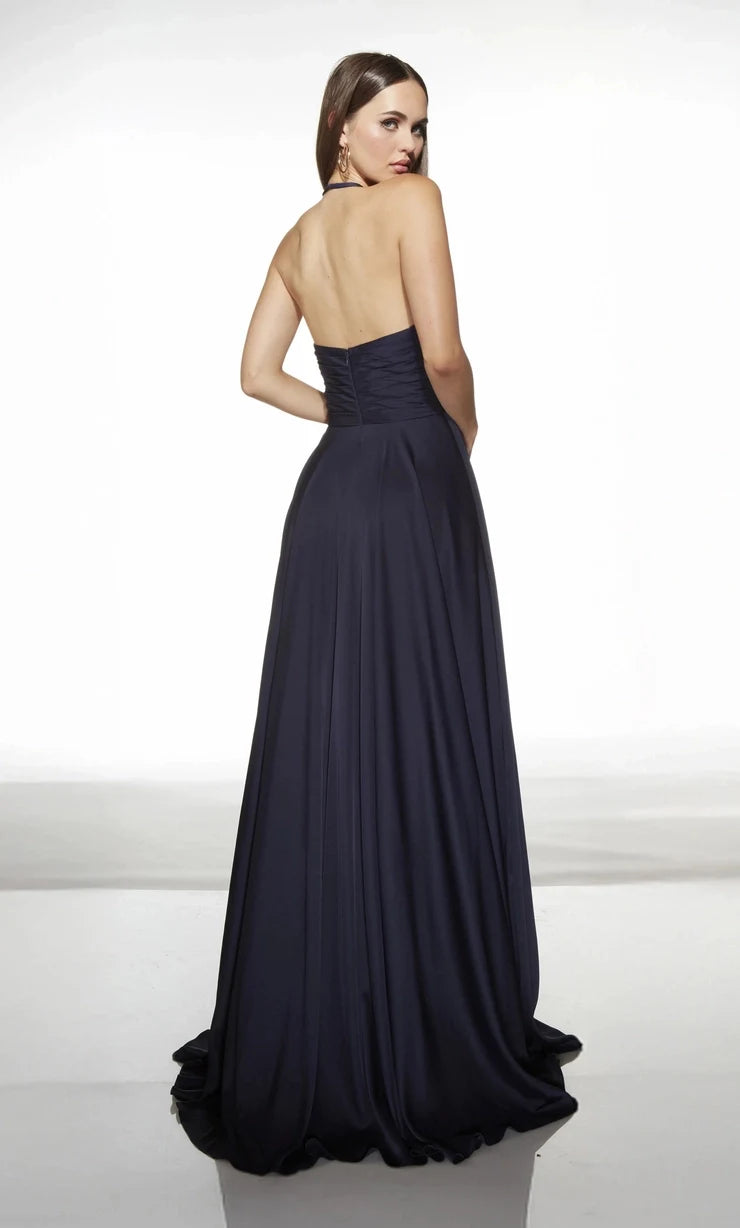 Elegant A-Line Halter Sleeveless Cutout Slit Navy Long Prom Dresses Women