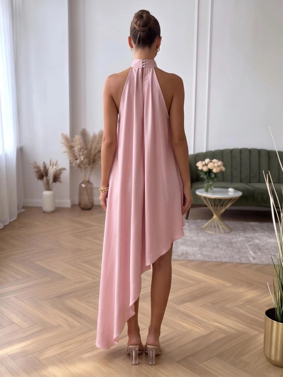 Elegant A-Line Halter Sleeveless Draped Asymmetrical Pink Homecoming Dress