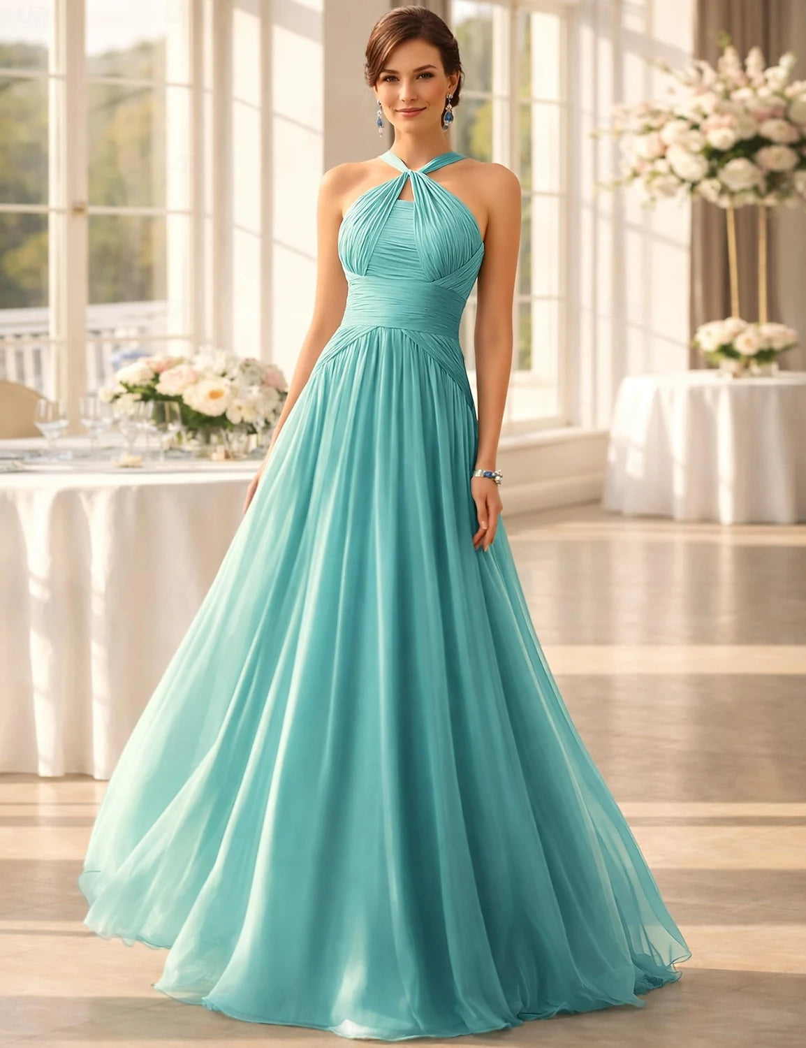Elegant A-Line Halter Sleeveless Draped Flowy Aqua Blue Floor-Length Prom Dress