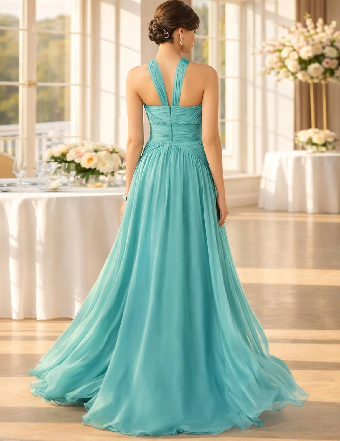 Elegant A-Line Halter Sleeveless Draped Flowy Aqua Blue Floor-Length Prom Dress