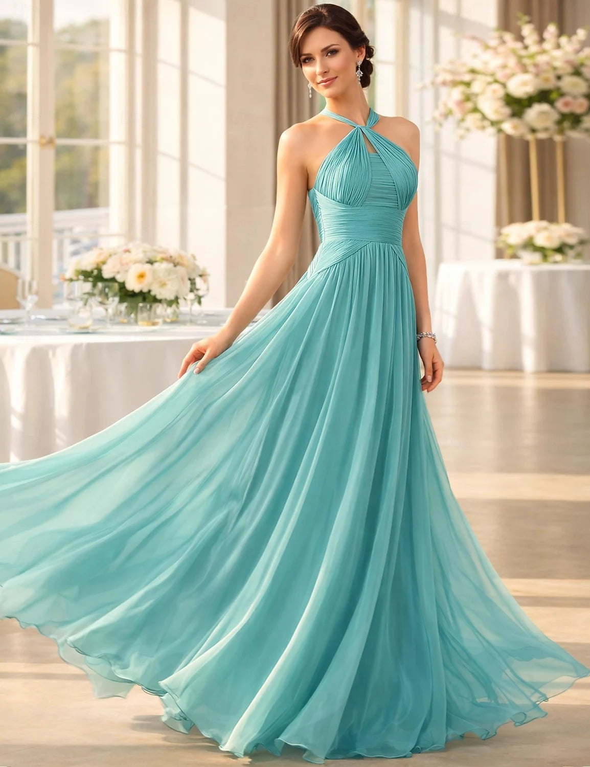 Elegant A-Line Halter Sleeveless Draped Flowy Aqua Blue Floor-Length Prom Dress