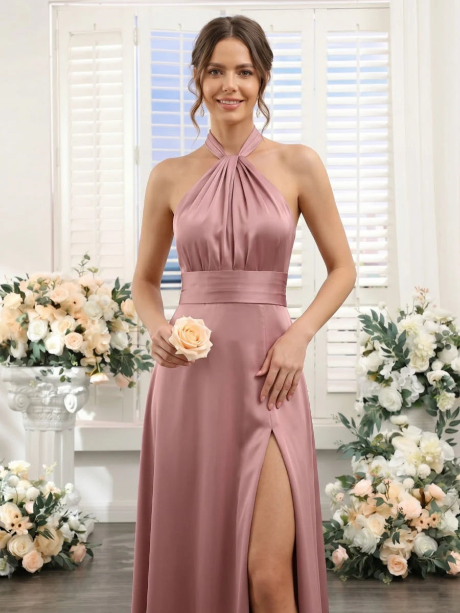 Elegant A-Line Halter Sleeveless Draped Slit Dusty Rose Floor-Length Prom Dresses For Women