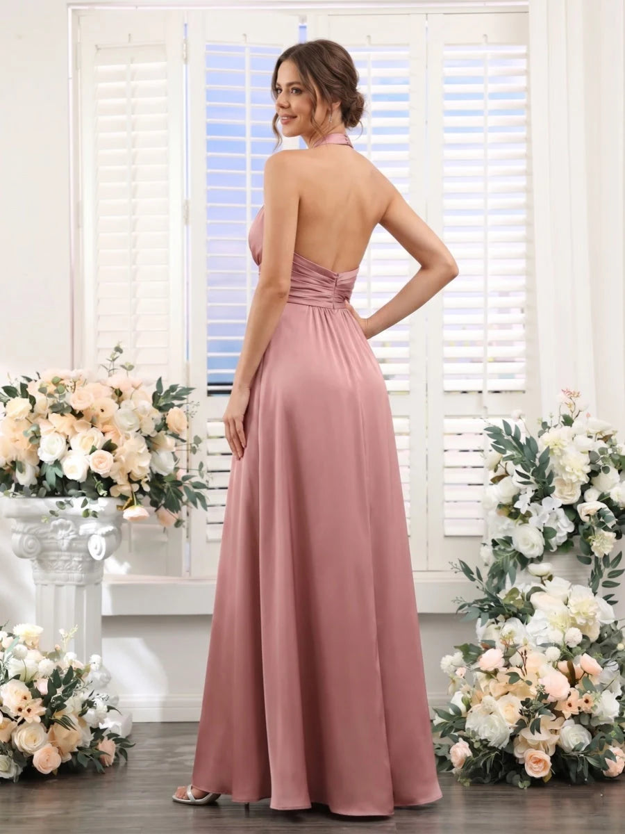 Elegant A-Line Halter Sleeveless Draped Slit Dusty Rose Floor-Length Prom Dresses For Women