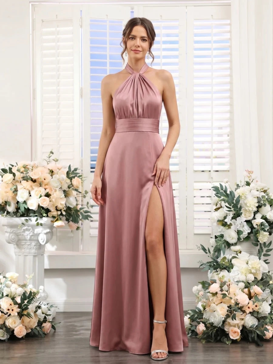 Elegant A-Line Halter Sleeveless Draped Slit Dusty Rose Floor-Length Prom Dresses For Women