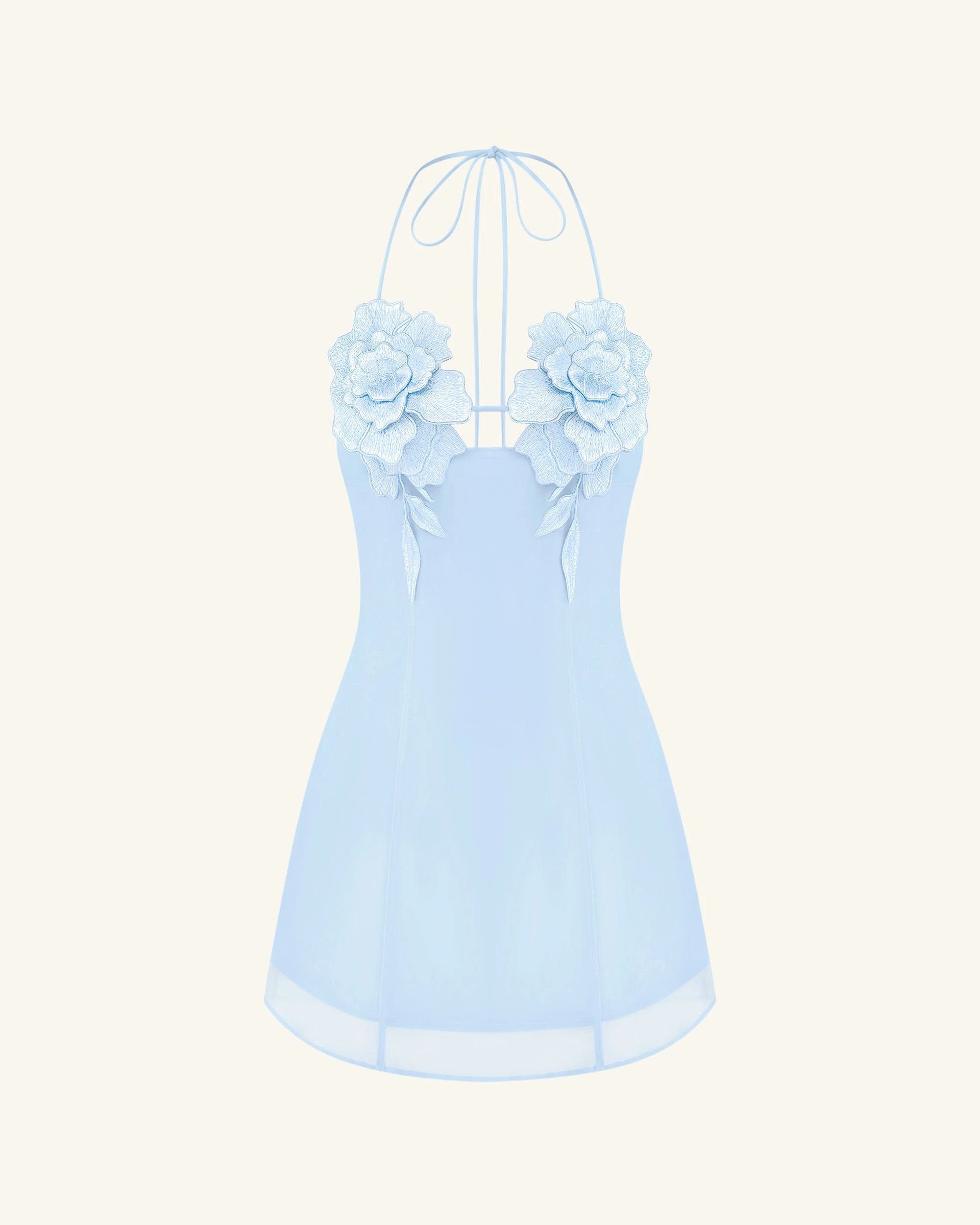 Elegant A-Line Halter Sleeveless Floral Applique Light Blue Mini Homecoming Dress