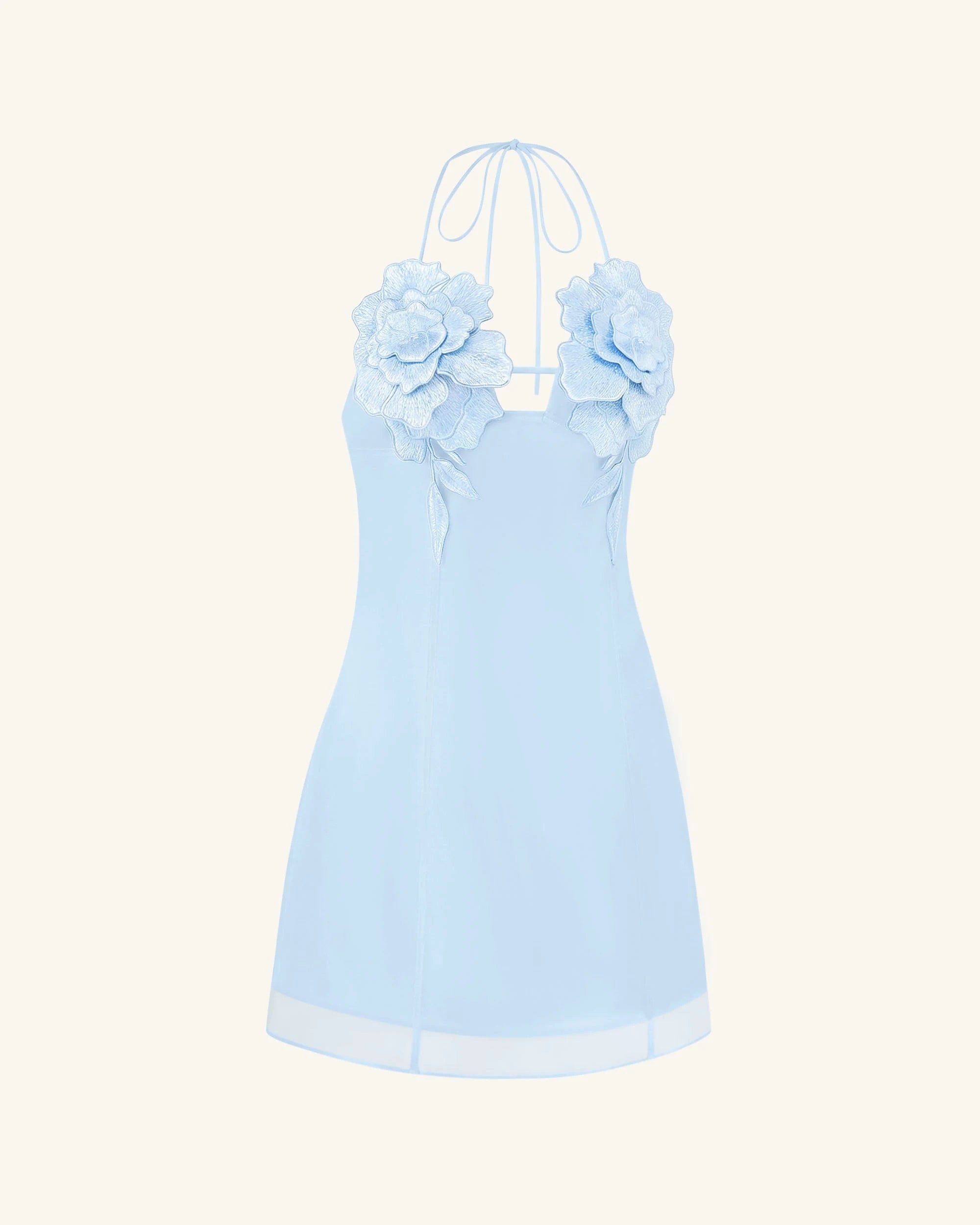 Elegant A-Line Halter Sleeveless Floral Applique Light Blue Mini Homecoming Dress