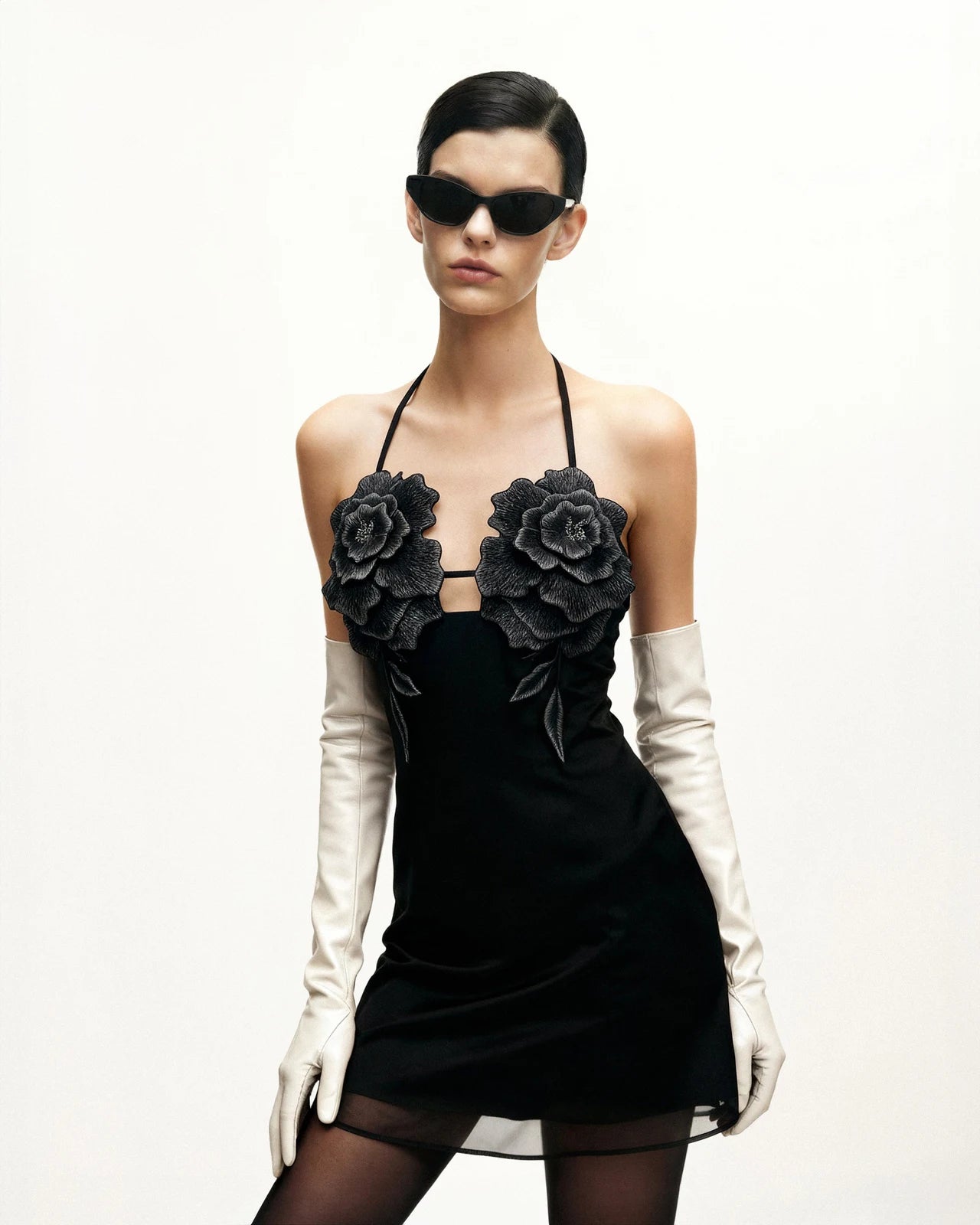 Elegant A-Line Halter Sleeveless Floral Cutout Black Mini Homecoming Dress