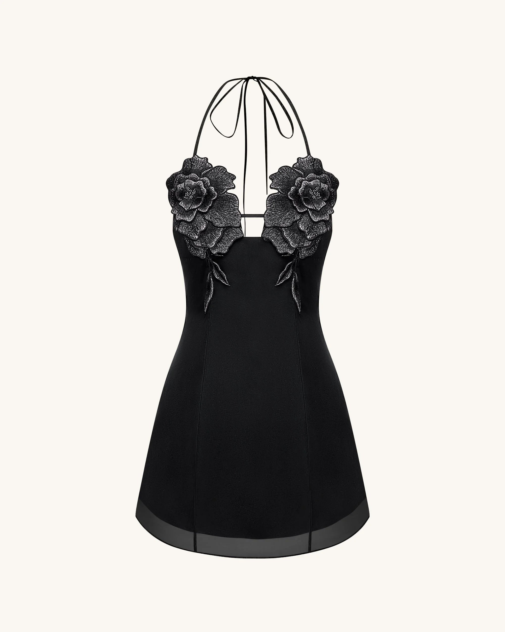 Elegant A-Line Halter Sleeveless Floral Cutout Black Mini Homecoming Dress