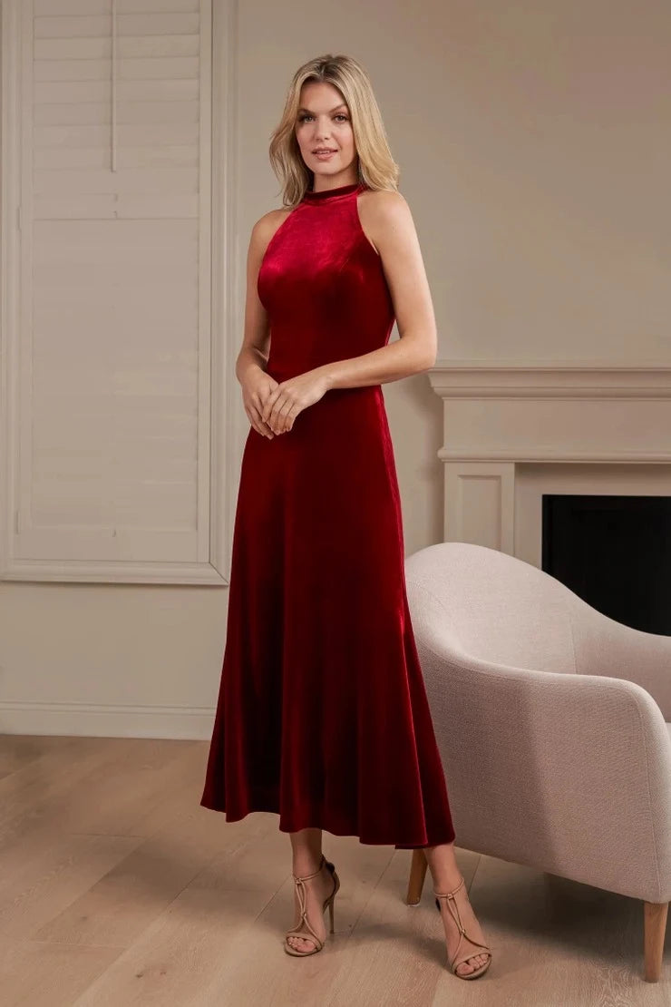 Elegant A-Line Halter Sleeveless Glamorous Sophisticated Burgundy Midi Prom Dress for Women