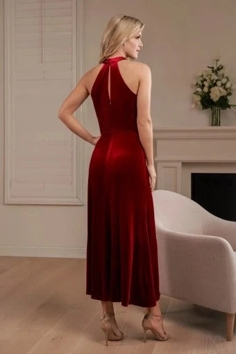 Elegant A-Line Halter Sleeveless Glamorous Sophisticated Burgundy Midi Prom Dress for Women